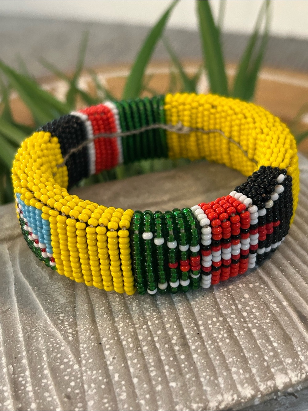 Multicolor Seed Bead Cuff Bracelet - Yellow, Green, Red, black, white Kenya